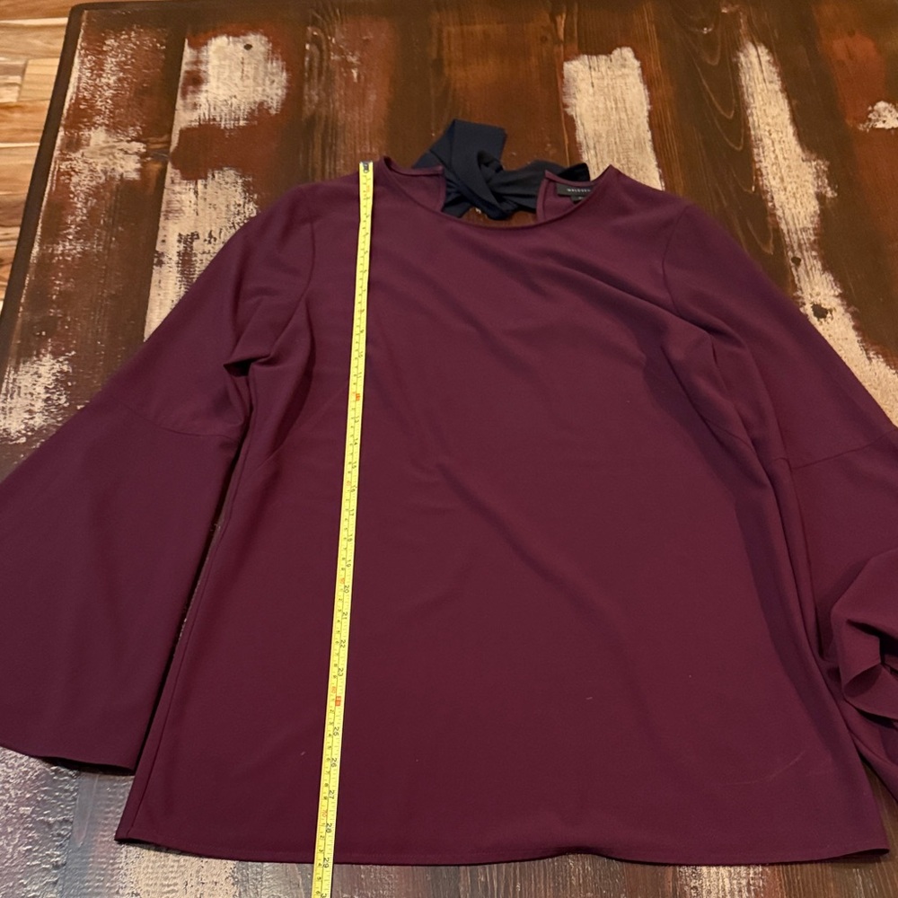 Halogen Burgundy Bell Sleeve Blouse with Black Neck Tie - Picture 5 of 10